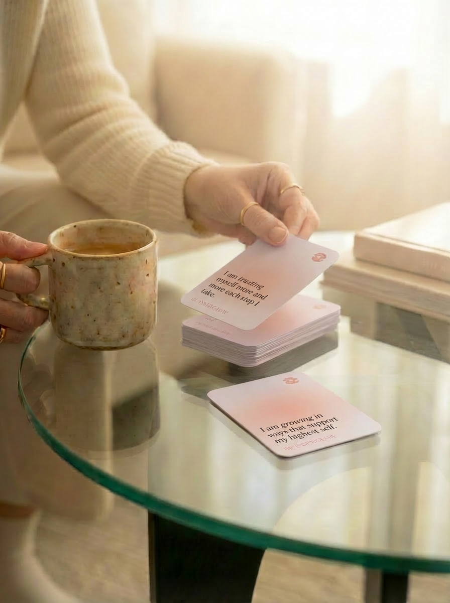 Person holding a mug and cards on a glass table with a soft, warm background