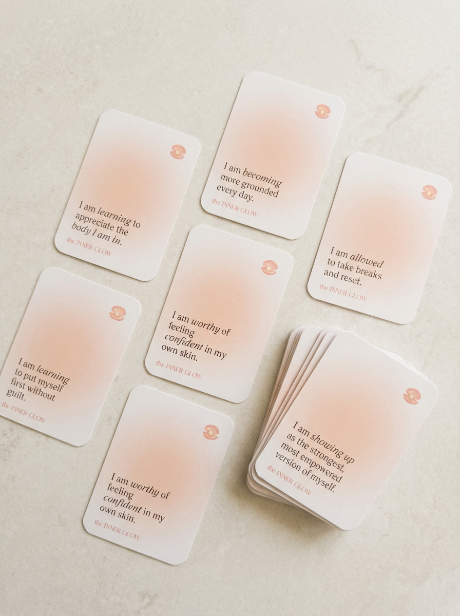Set of affirmation cards with gradient design and The Inner Glow branding on a light stone surface