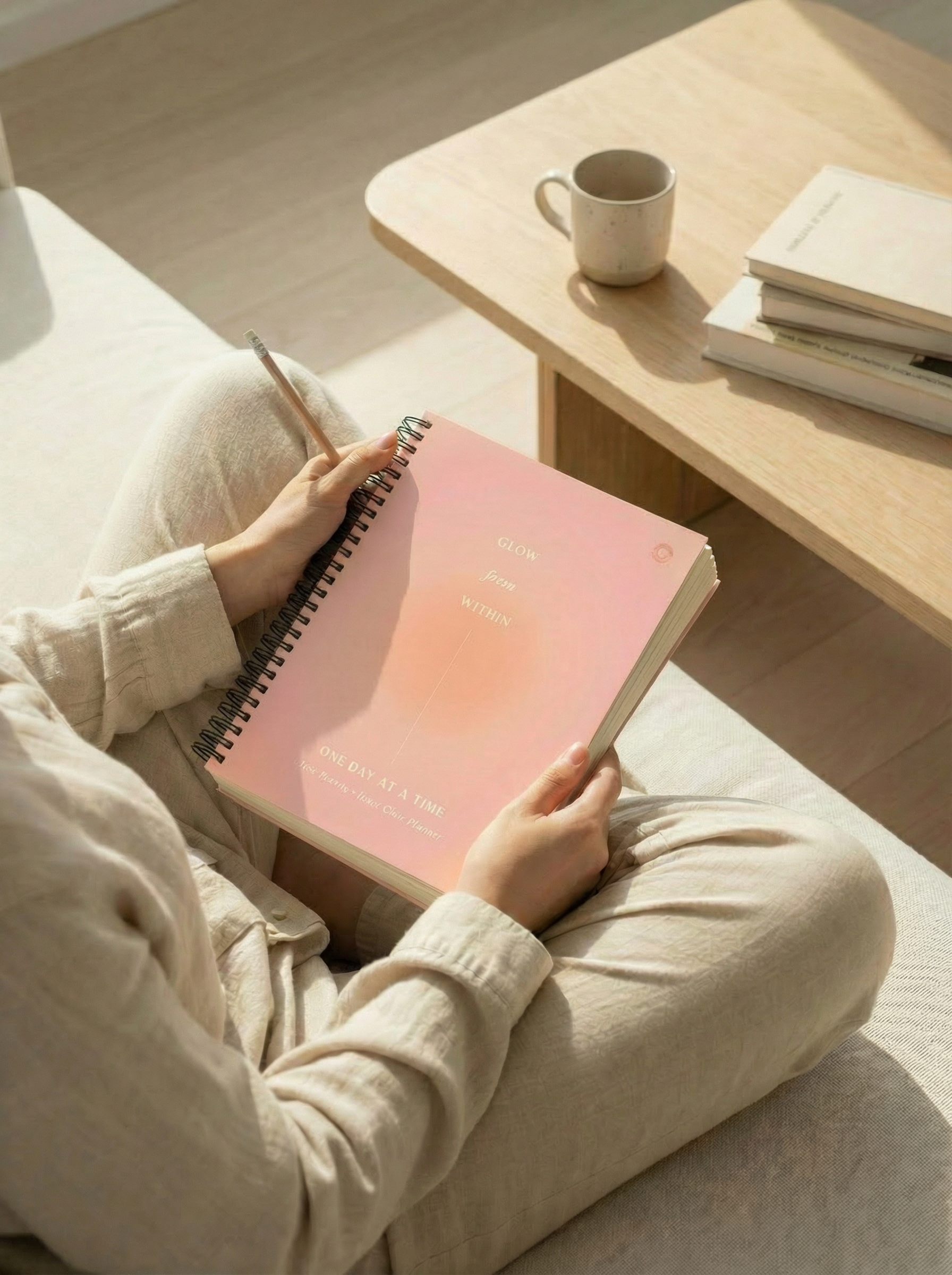 Person holding a pink planner on a light wooden table with a cup and books in the background.